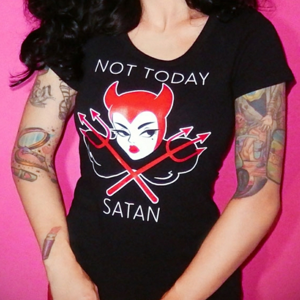Vixen by Micheline Pitt Black Tee with Red Graphic "Not Today Satan"
